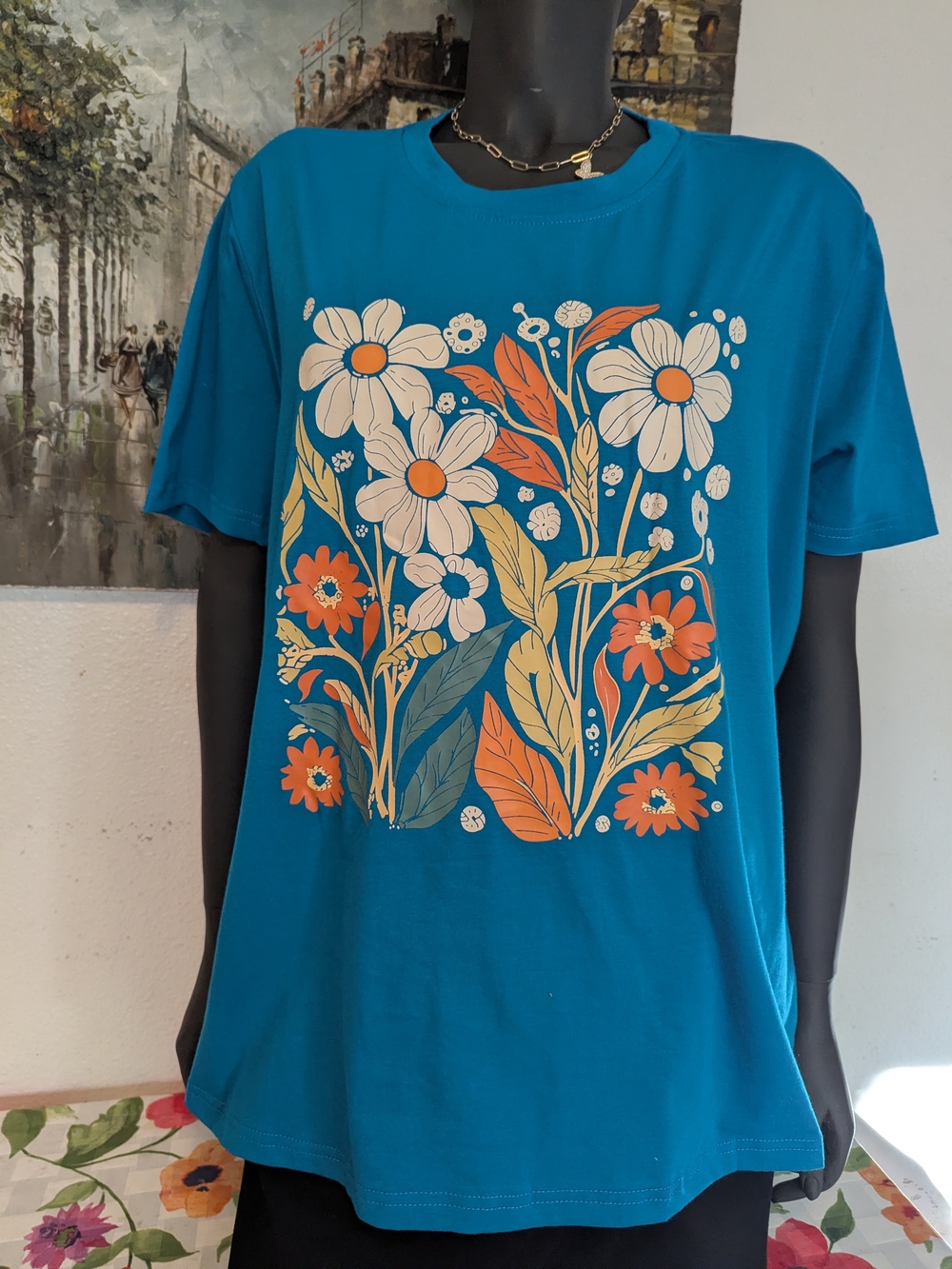 Women's Floral Graphic Tee - Teal Blue